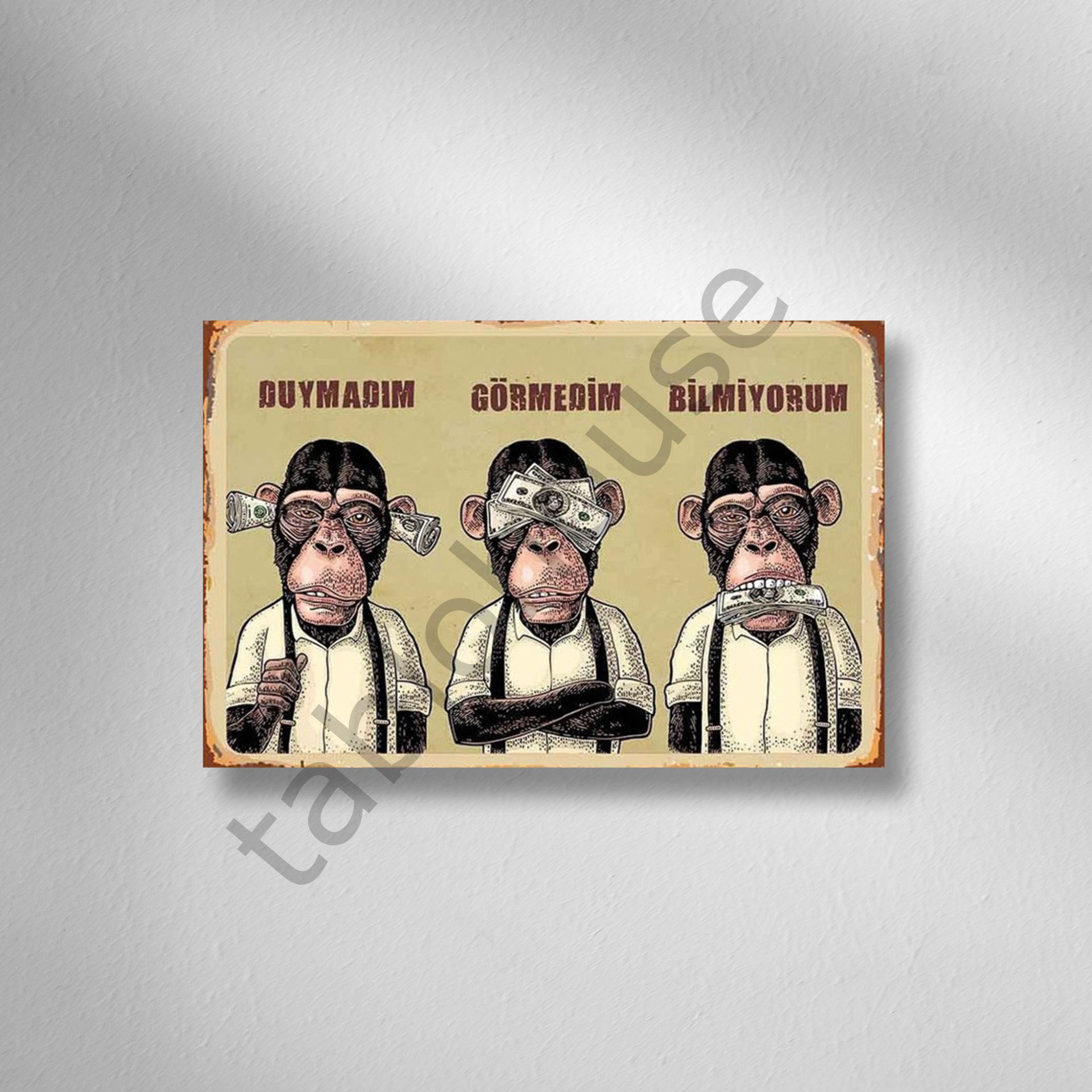 3 Maymun ''Görmedim - Duymadım - Bilmiyorum'' Retro Ahşap Poster