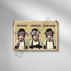 3 Maymun ''Görmedim - Duymadım - Bilmiyorum'' Retro Ahşap Poster